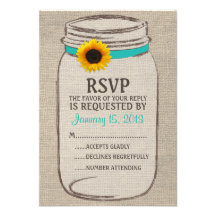 Rustic Mason Jar & Burlap and Sunflower RSVP Card Custom Invites
