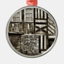 Rustic Old Wood and Stone Building Christmas Tree Ornaments