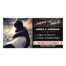 Rustic Poster: Red & Black Save the Date Customized Photo Card