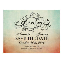 Rustic Red and Blue Bohemian Save The Date Postcards