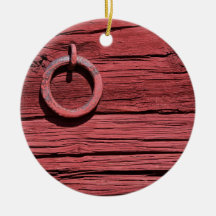 Rustic Rural Red Wooden Barn Wall With Iron Ring Christmas Ornaments