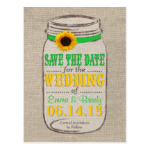 Rustic Sunflower & Mason Jar Save the Date Green Post Card