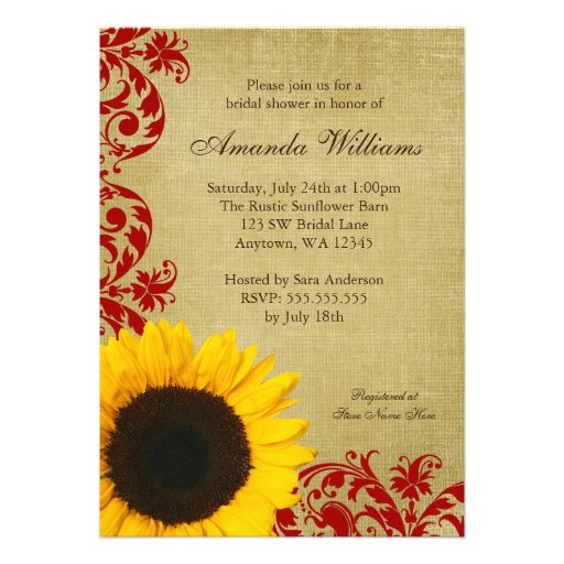Rustic Sunflower Red Swirls Bridal Shower Invitations