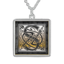 S Initial Monogram "Celtic Black Stone" Necklaces