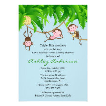 Safari Triplet Monkeys Baby Shower Invitation