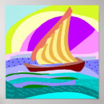 Sail boat, colourful rainbow sky and sea print
