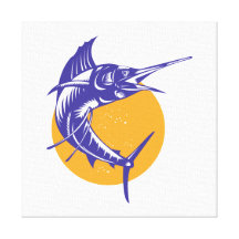 Sailfish Fish Jumping Retro Stretched Canvas Print