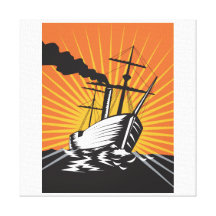 Sailing Ship Retro Woodcut Canvas Print