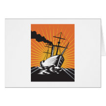 Sailing Ship Retro Woodcut Greeting Card