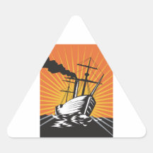 Sailing Ship Retro Woodcut Triangle Stickers