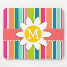 Salmon Pink & Seafoam Green Striped; Daisy Mouse Pads