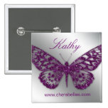 Salon Butterfly Name Tag Button Silver Purple