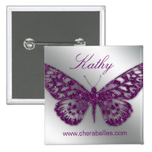 Salon Butterfly Name Tag Button Silver Purple