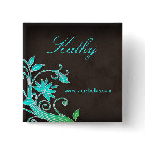 Salon Spa Floral Name Tag Button Brooch Blue Green