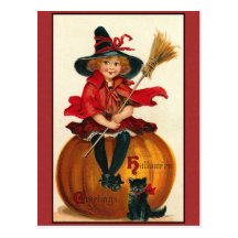 Salutations fille vintage et chat de Halloween Carte Postale