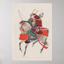 Samurai on Horseback Wearing Armour & Horned Helme Print