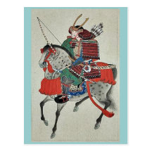 Samurai on horseback,wearing armour post card