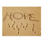 Sand writing ' Hope' on the beach with the Post Card