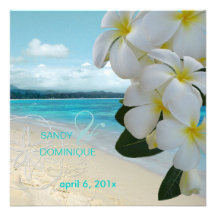 Sandy beach/plumeria destination wedding custom announcement