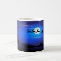 Santa and Reindeer Flying Across Blue Night Sky Mug