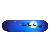Santa and Reindeer Flying Across Blue Night Sky Custom Skate Board