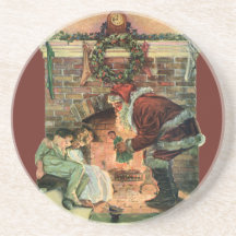 Santa Claus and Sleeping Children by the Fireplace Beverage Coasters
