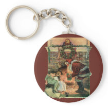Santa Claus and Sleeping Children by the Fireplace Keychain