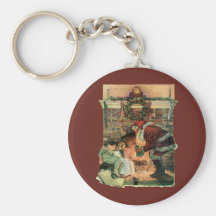 Santa Claus and Sleeping Children by the Fireplace Keychain