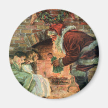Santa Claus and Sleeping Children by the Fireplace Refrigerator Magnet
