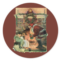 Santa Claus and Sleeping Children by the Fireplace Round Sticker