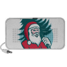 Santa Claus Carrying Christmas Tree Retro iPhone Speakers