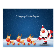 Santa Claus ice skating with his reindeers Post Cards