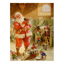 Santa Claus in his North Pole Reindeer Stables Postcard