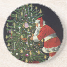 Santa Claus Lighting Candles on the Christmas Tree Beverage Coasters