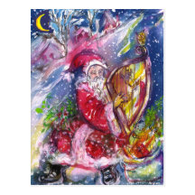 SANTA CLAUS PLAYING HARP IN THE MOONLIGHT POST CARDS