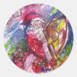 SANTA CLAUS PLAYING HARP IN THE MOONLIGHT ROUND STICKERS