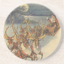 Santa Claus Reindeer Delivering Toys Christmas Eve Coasters