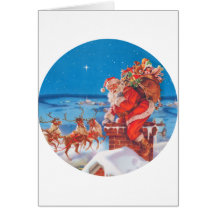 Santa Claus Up On The Rooftop With His Reindeer Greeting Cards