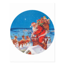 Santa Claus Up On The Rooftop With His Reindeer Post Card