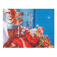 Santa Claus Up On The Rooftop With His Reindeer Post Card