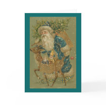 Santa in Blue with Reindeer Christmas Card