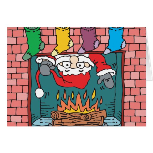 santa peeking in fireplace card