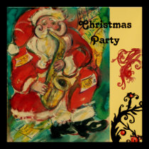 SANTA & SAX, CHRISTMAS PARTY Gold Metallic invitations