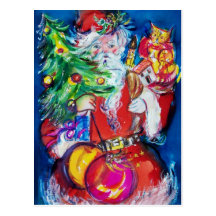 SANTA WITH CHRISTMAS TREE AND GIFTS POSTCARDS