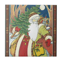 Santa with Deer and Tree Ceramic Tile