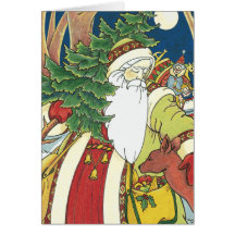 Santa with Deer and Tree Greeting Card