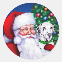 Santa's Dalmatian at Christmas Round Stickers