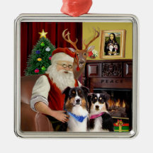 Santa's Two Australian Shepherds Christmas Ornament