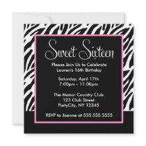 Sassy Zebra Print and Pink Sweet Sixteen Announcements