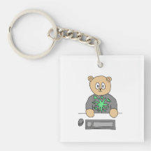 Sat At Computer Keyboard. Square Acrylic Keychain